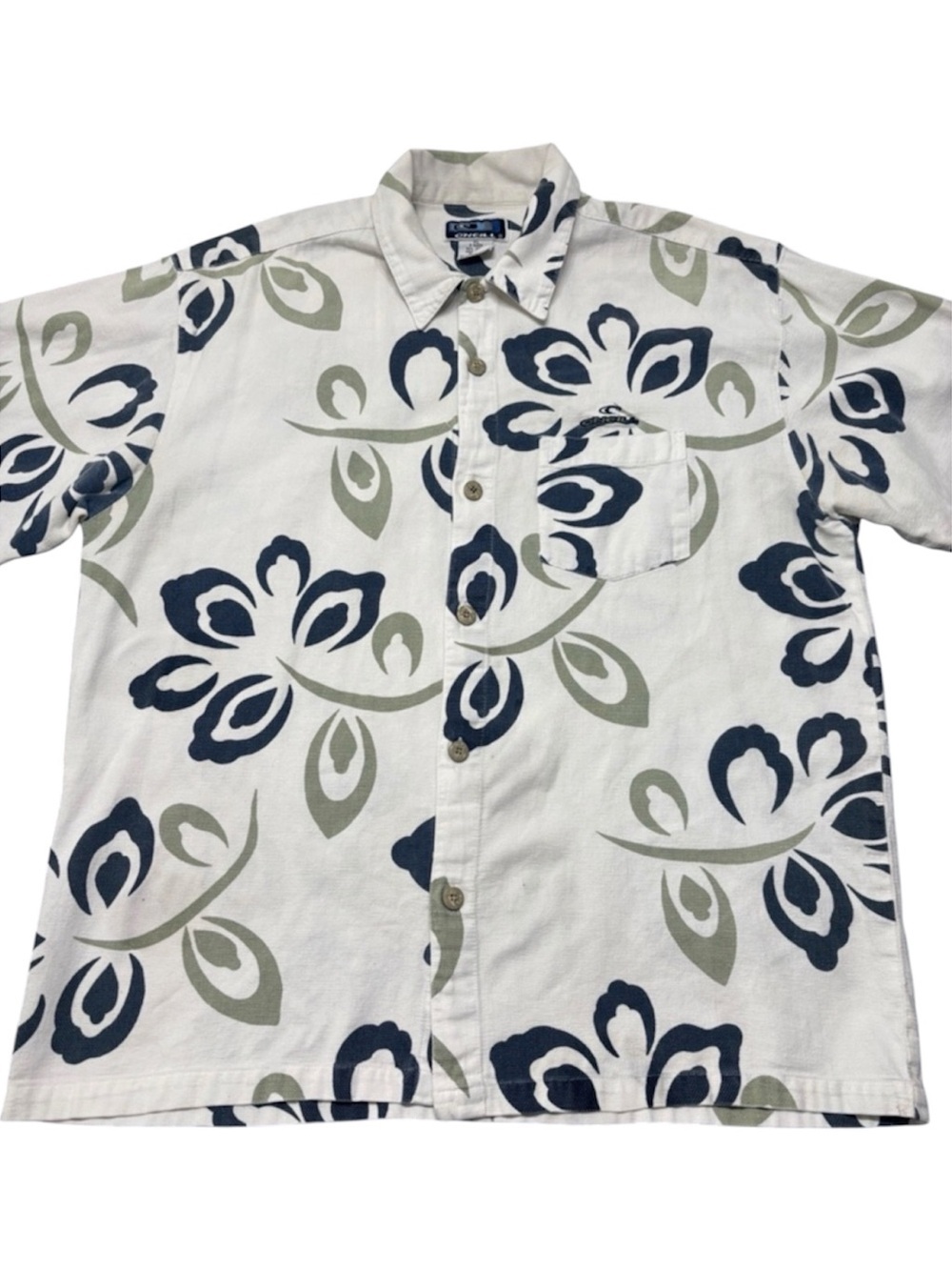 Vintage O’Neill Floral Abstract Button Up Shirt Mens XL White Blue Olive Cotton